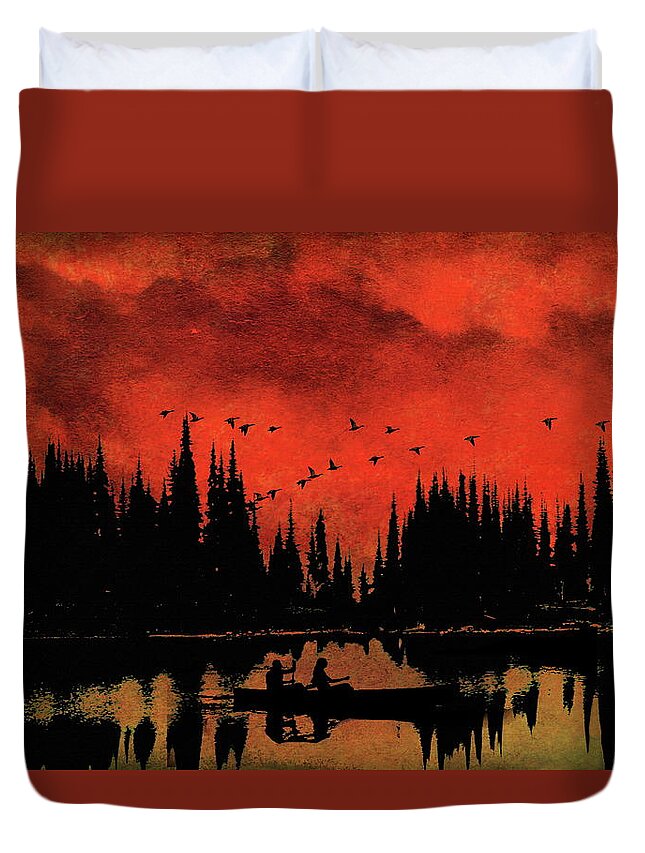 Ducks Duvet Cover featuring the photograph Sunset Flight of the Ducks by Andrea Kollo