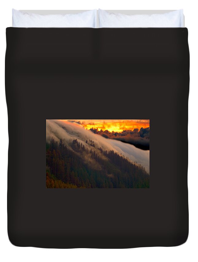 Sunset Duvet Cover featuring the photograph Sunset Fog by Harry Spitz