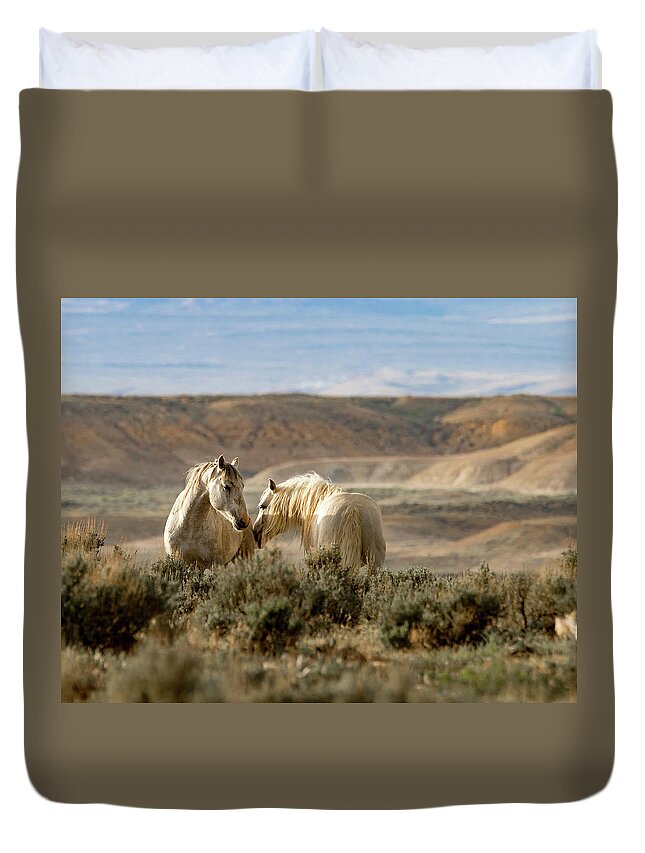 Mustang Duvet Cover featuring the photograph Sunset Friends by Mindy Musick King