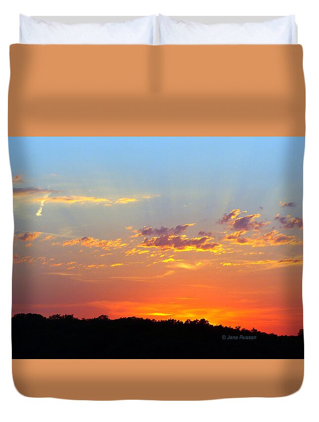 Sunset Duvet Cover featuring the digital art Sunset Glory Orange Blue by Jana Russon