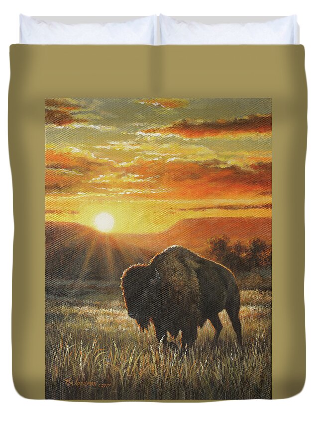 Buffalo Duvet Cover featuring the painting Sunset In Bison Country by Kim Lockman