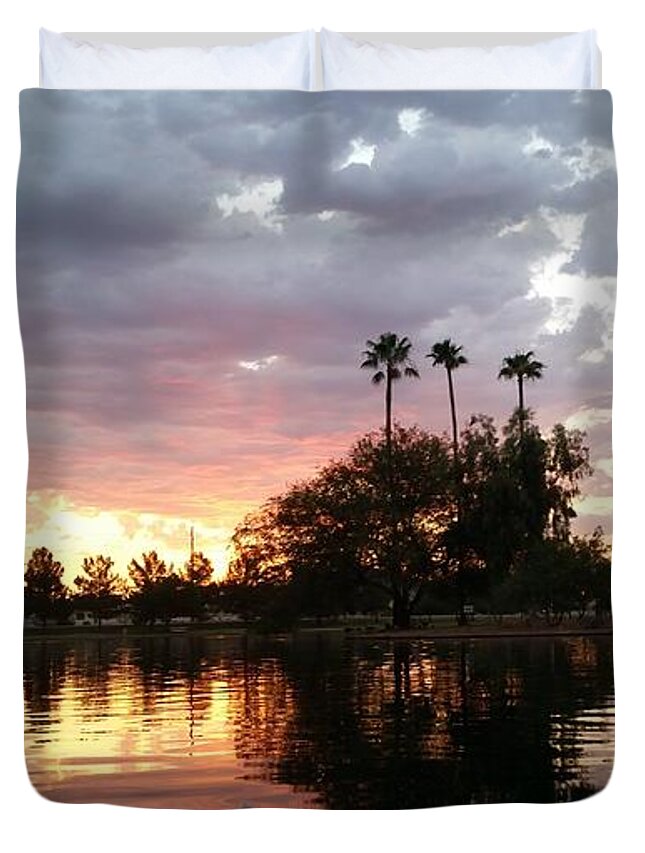 Island Duvet Cover featuring the photograph Sunset Island in Chaparral Lake HORIZONTAL by Heather Kirk