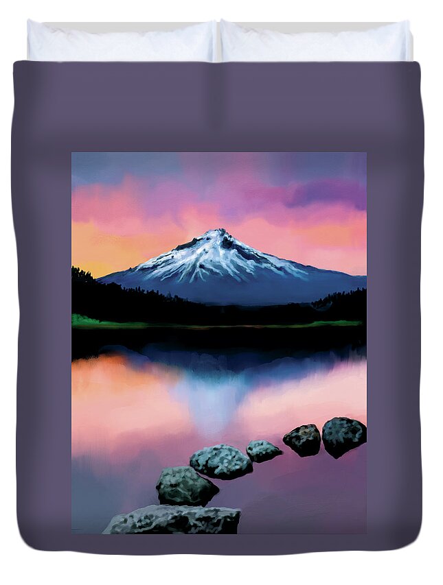 Sunset Lake Stones Mountain Colors Duvet Cover featuring the digital art Sunset lake by Murry Whiteman