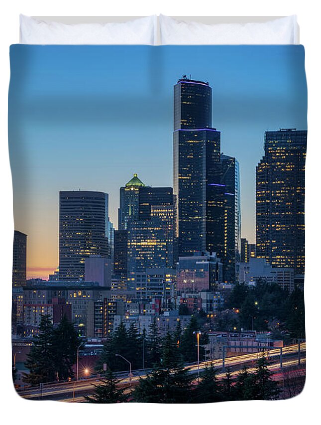City Duvet Cover featuring the photograph Sunset Night-Freeway Lights by Ken Stanback