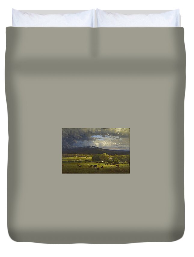 Sunset On The River By George Inness Duvet Cover featuring the painting Sunset on the River by George Inness