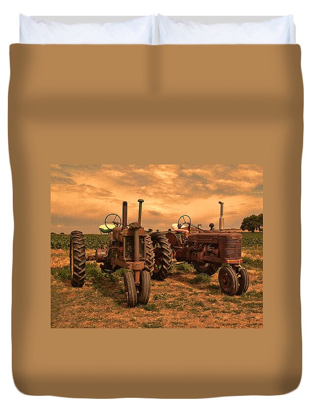 John Deere Duvet Cover featuring the photograph Sunset on the Tractors by Ken Smith