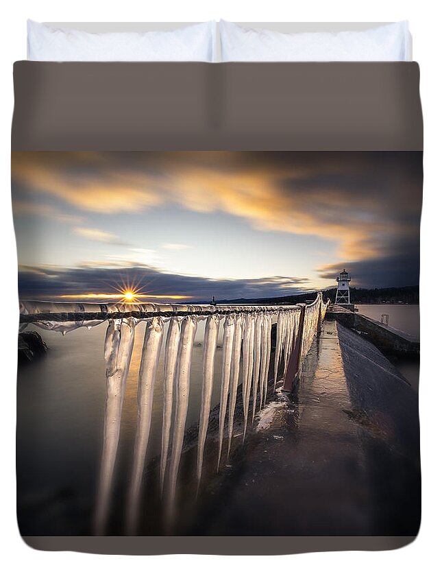 Canada Duvet Cover featuring the photograph Sunset over Grand Marais Lighthouse Breakwall by Jakub Sisak
