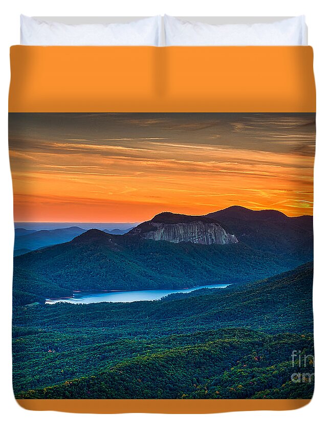 Table Rock Duvet Cover featuring the photograph Sunset over Table Rock from Caesars Head State Park South Carolina by T Lowry Wilson
