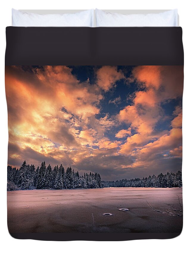 Pound Duvet Cover featuring the photograph Sunset over the pound by Dominique Dubied