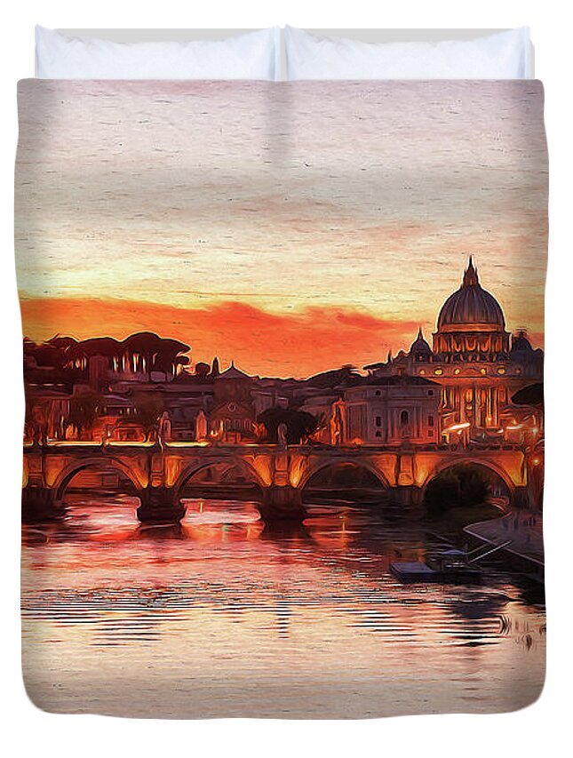 Rome Ancient Monument Duvet Cover featuring the painting Sunset over the St Peter Basilica by AM FineArtPrints