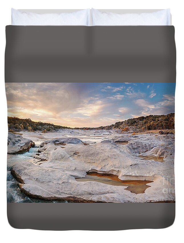 Pedernales Duvet Cover featuring the photograph Sunset Panorama of the Pedernales River at Pedernales Falls State Park - Jonhson City Hill Country by Silvio Ligutti