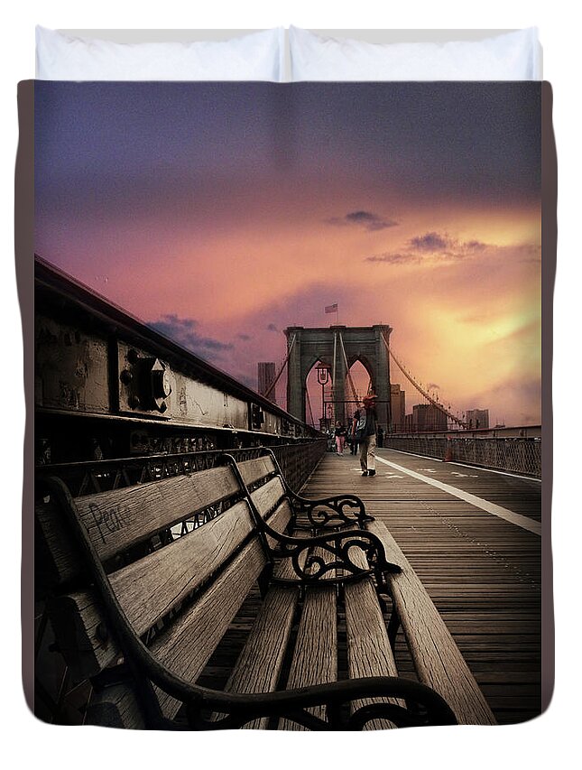 Brooklyn Bridge Duvet Cover featuring the photograph Sunset Promenade by Jessica Jenney