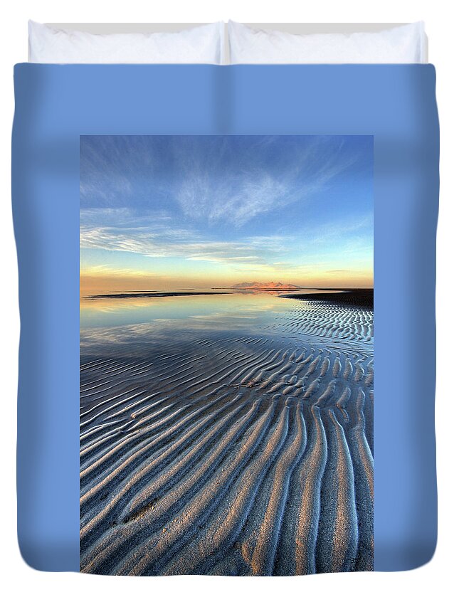 Landscape Duvet Cover featuring the photograph Sunset Ripples and Antelope Island by Brett Pelletier