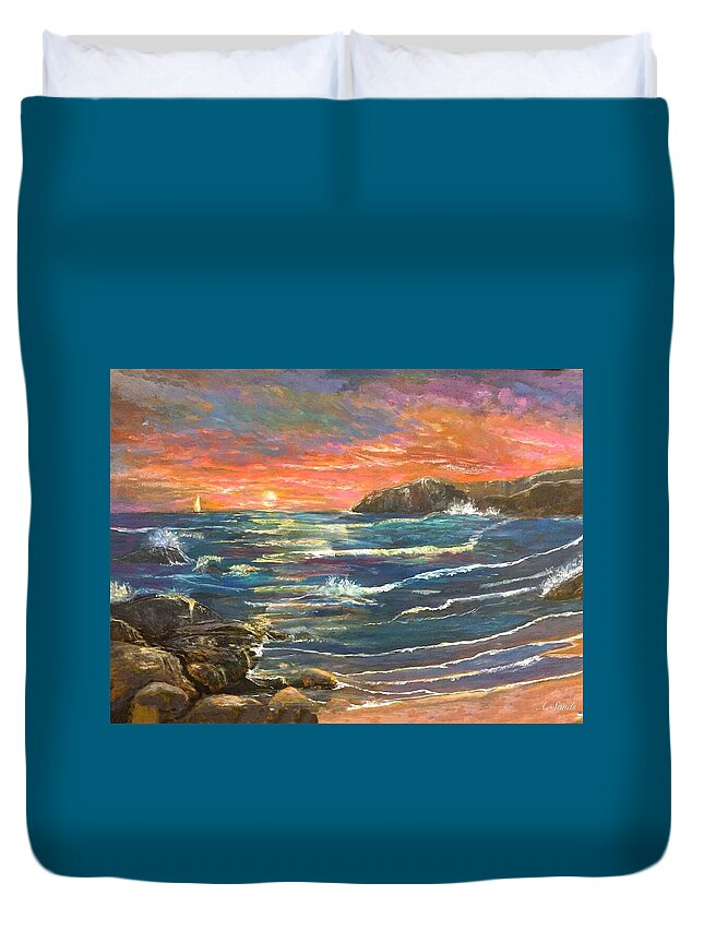 Red Sky Sailing Duvet Cover featuring the painting Sunset Sails by Anne Sands