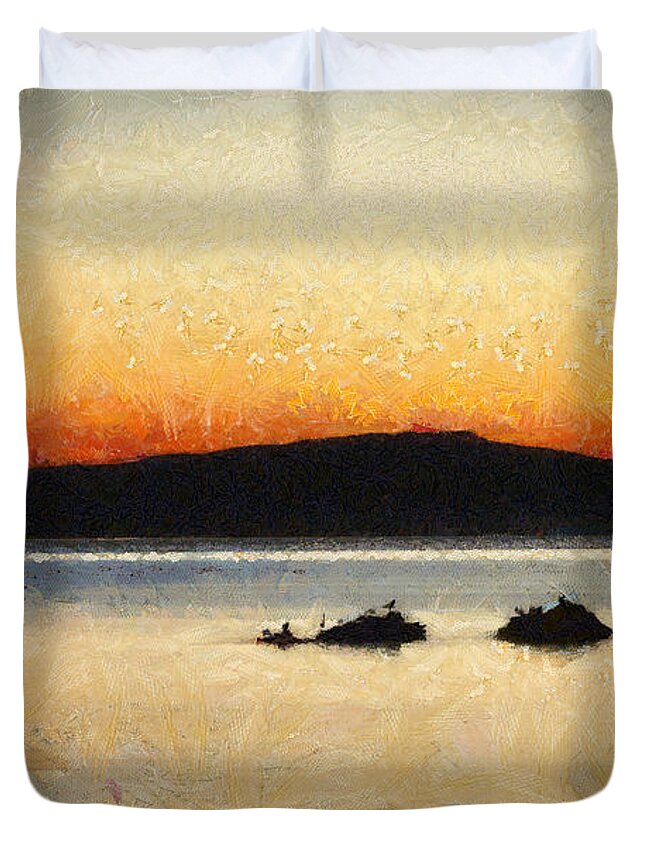 Art Duvet Cover featuring the painting Sunset Seascape by Dimitar Hristov