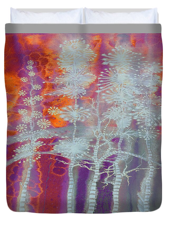 Mixed Media Duvet Cover featuring the painting Sunset Stripey Trees by Adria Trail