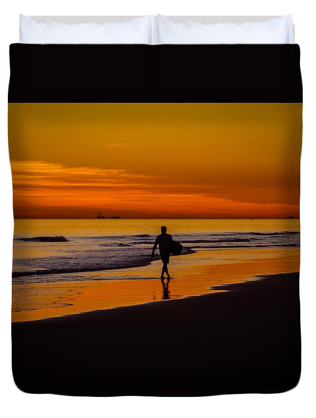 Newport Beach Duvet Cover featuring the photograph Sunset Surfer by Pamela Newcomb