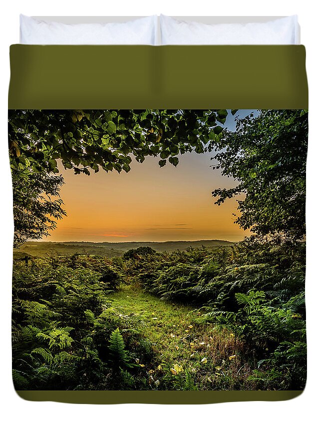 Sunset Duvet Cover featuring the photograph Sunset Through Trees by Nick Bywater