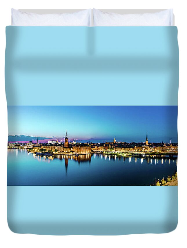 Sunset Duvet Cover featuring the photograph Sunset to blue hour panorama over Gamla Stan in Stockholm by Dejan Kostic