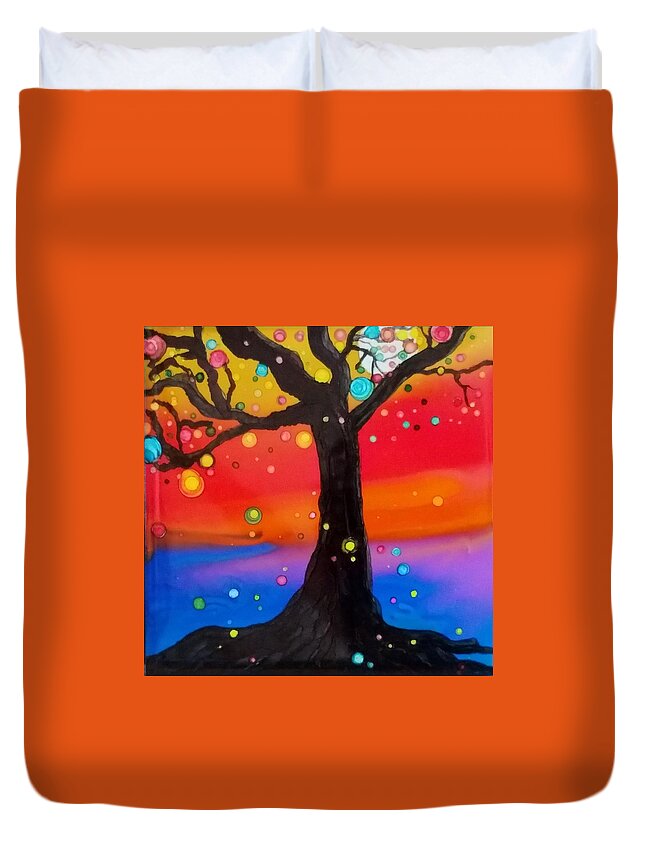 Abstract Duvet Cover featuring the painting Sunset Tree by Gerry Smith