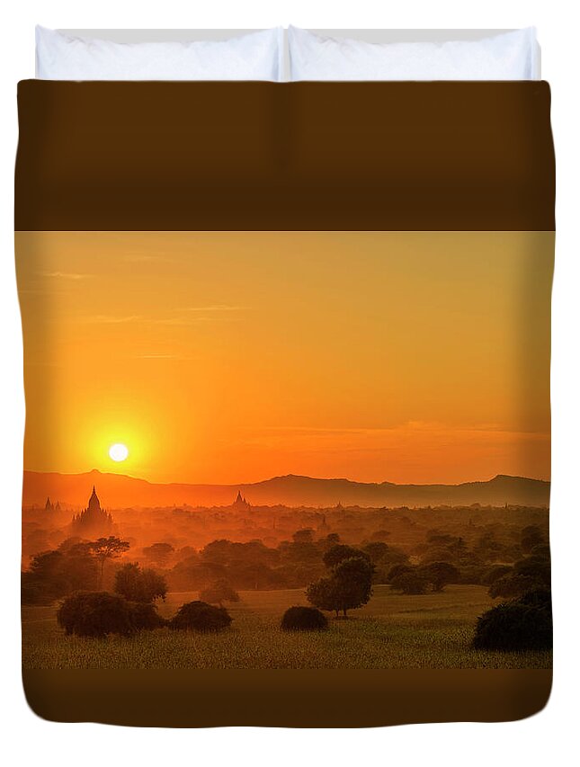 Landscape Duvet Cover featuring the photograph Sunset view of Bagan Pagoda by Pradeep Raja Prints