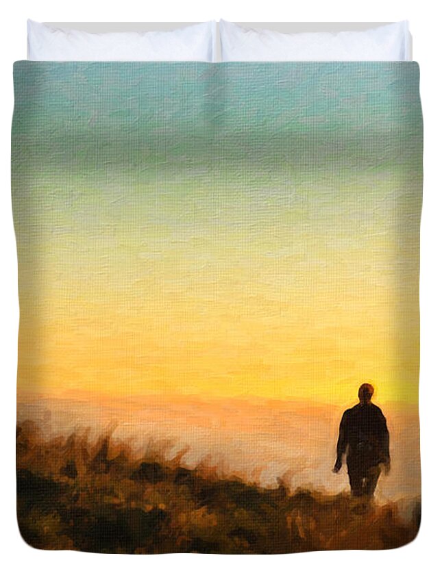 Landscape Duvet Cover featuring the painting Sunset Walk by Chris Armytage