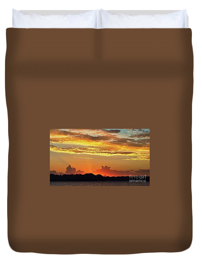 Sunnypicsoz.com Duvet Cover featuring the photograph Sunset with high golden glow and crimson highliting and silhouet by Geoff Childs