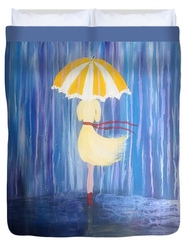 Yellow Umbrella Duvet Cover featuring the painting Sunshine in the Rain by Lynne McQueen