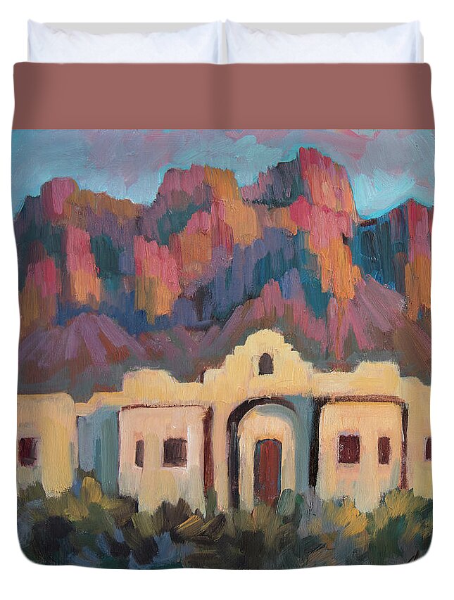 Plein Air Duvet Cover featuring the painting Superstition Mountain Evening by Diane McClary