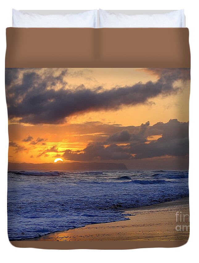 Kauai Duvet Cover featuring the photograph Surfer at Sunset on Kauai Beach With Niihau on Horizon by Catherine Sherman
