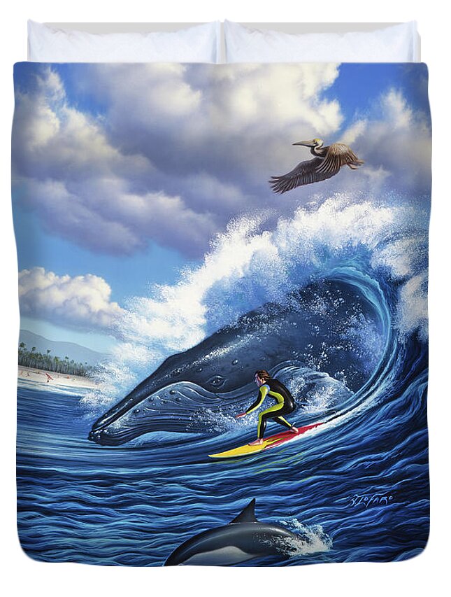 Humpback Whale Duvet Cover featuring the painting Surf's Up by Jerry LoFaro