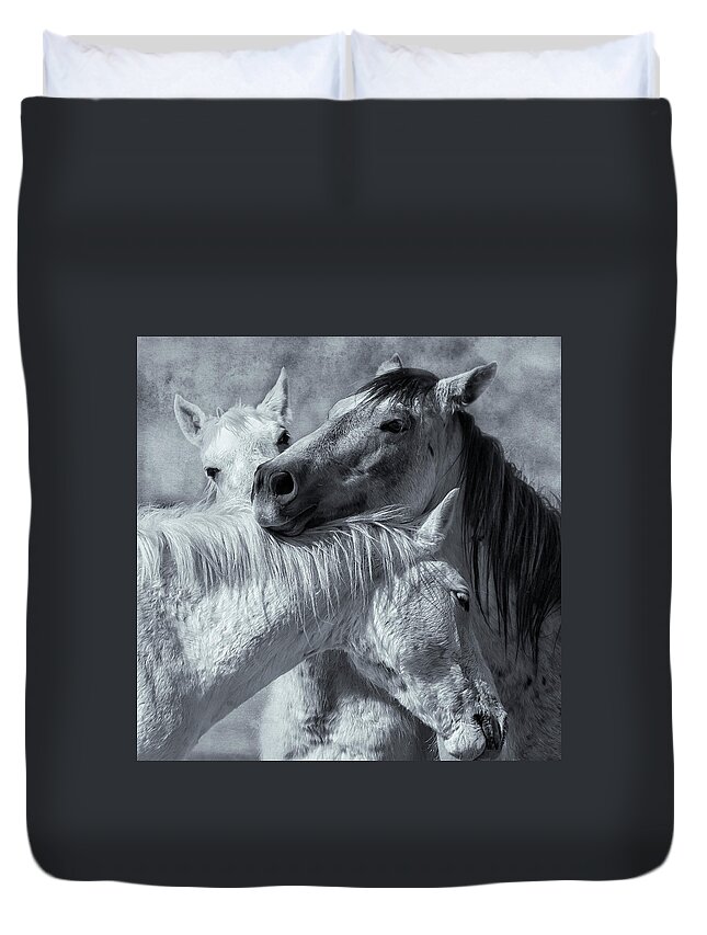 Wild Horses Duvet Cover featuring the photograph Surrounded by Love BW by Belinda Greb