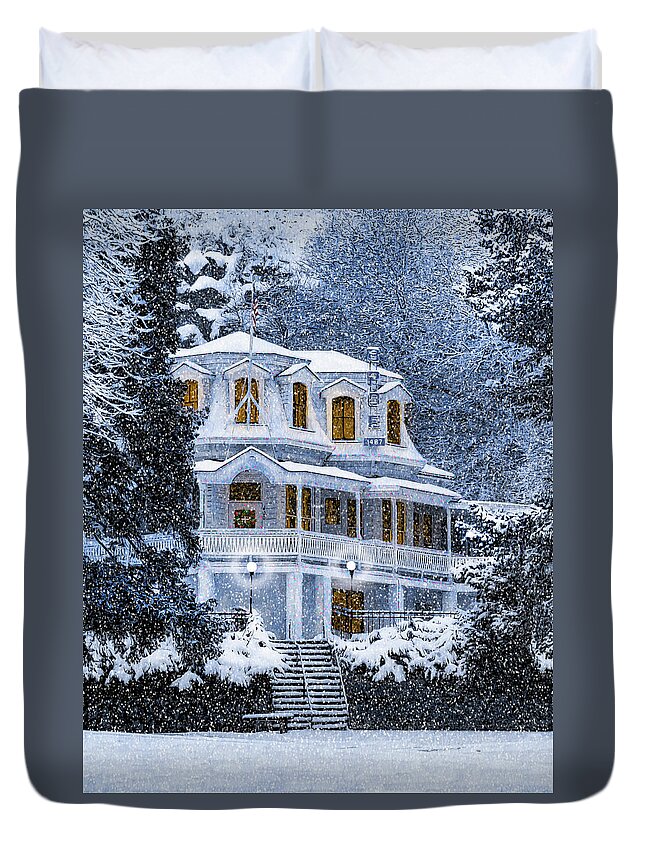 Susanville Duvet Cover featuring the mixed media Susanville Elks Lodge at Christmas by The Couso Collection