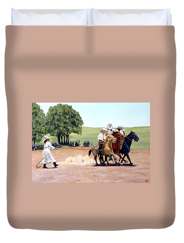 Bull Duvet Cover featuring the painting Suzzi Q. Whirling the Rope by Tom Roderick