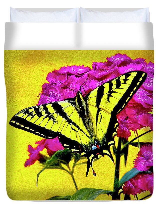Butterfly Mixed Media. Mixed Media Photo Art. Yellow Swallow Tail Butterfly. Flowers. Lakes. Moths. Caterpillars. Lavera. Feeding. Flying. Garden. Roses. Yellow Flowers. Pink Flowers. Blue Flowers. Birds. Goose. Ducks. Colorado. Colorado Butterflies. Noite Cards. Greeting Cards. Gallery Art. Digital Camera. Digital Photo Art.  Duvet Cover featuring the digital art Swallow Tail Feeding by James Steele