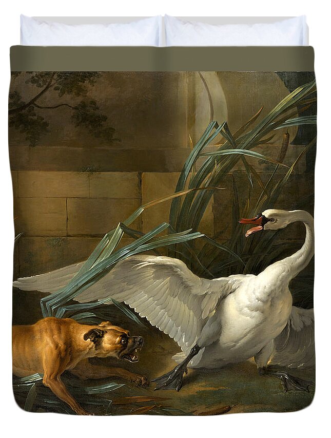 Jean-baptiste Oudry Duvet Cover featuring the painting Swan Attacked by a Dog by Jean-Baptiste Oudry