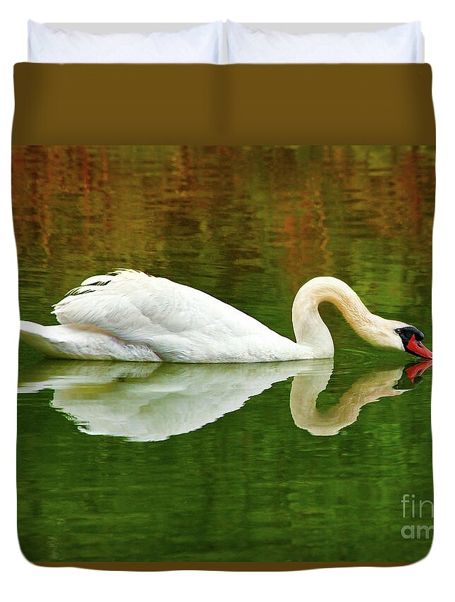 Graceful White Swan Heart Lake Duvet Cover featuring the photograph Swan Heart by Jerry Cowart