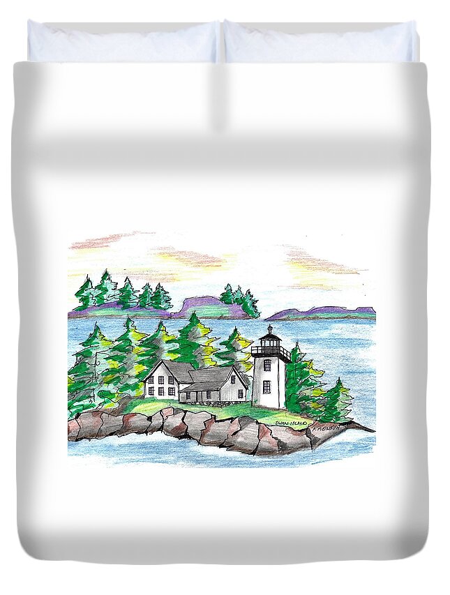  Paul Meinerth Artist Duvet Cover featuring the drawing Swan Island Lighthouse by Paul Meinerth