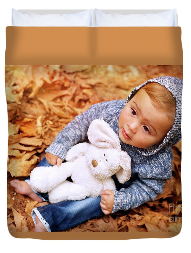 Autumn Duvet Cover featuring the photograph Sweet baby in the autumn park by Anna Om