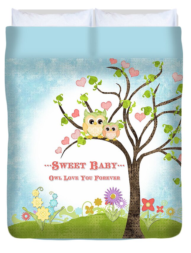 Owl Duvet Cover featuring the painting Sweet Baby - Owl Love You Forever Nursery by Audrey Jeanne Roberts
