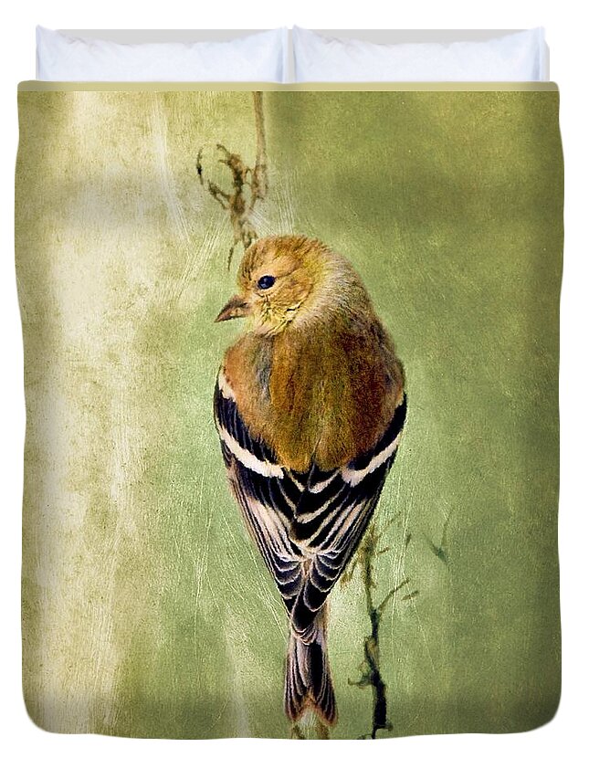 American Goldfinch Duvet Cover featuring the painting Sweet Goldfinch by Tina LeCour