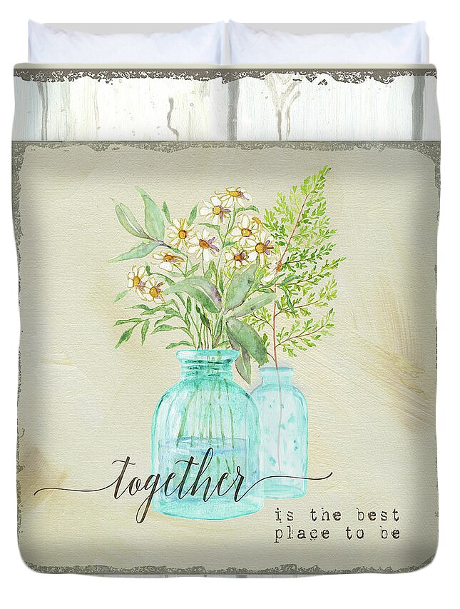 Aqua Duvet Cover featuring the painting Sweet Life Farmhouse 2 Together Aqua Vintage Antique Bottles with Daisies Fern Frond Shiplap Wood by Audrey Jeanne Roberts