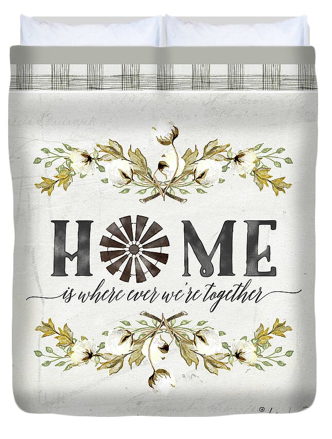 Home Duvet Cover featuring the painting Sweet Life Farmhouse 5 Home Windmill Cotton Boll Laurel Leaf Buffalo Check Plaid by Audrey Jeanne Roberts