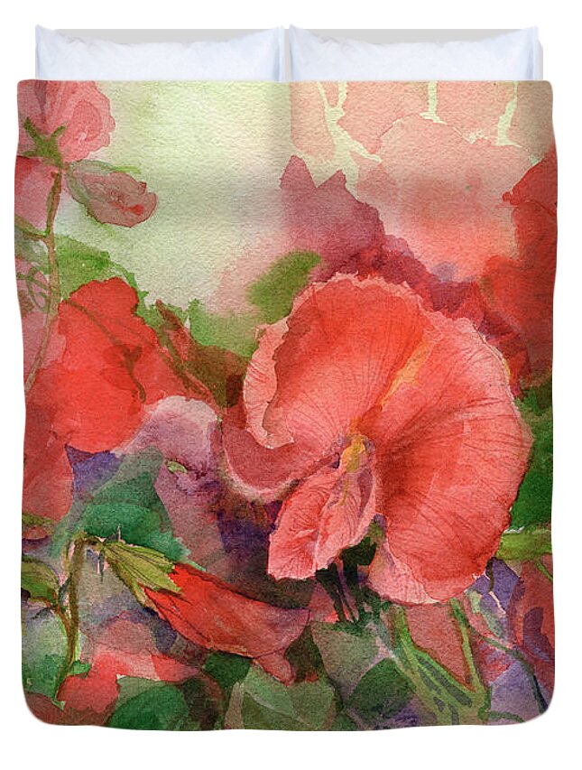 Sweet Pea Duvet Cover featuring the painting Sweet peas by Garden Gate