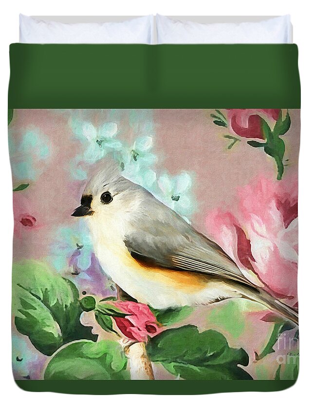Titmouse Bird Duvet Cover featuring the painting Sweet Tufted Titmouse by Tina LeCour
