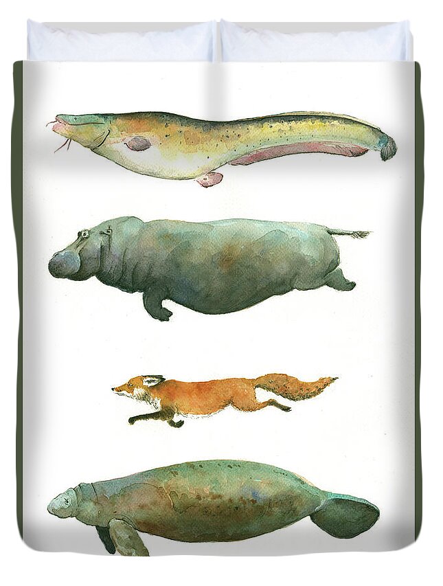 Catfish Art Duvet Cover featuring the painting Swimming animals by Juan Bosco