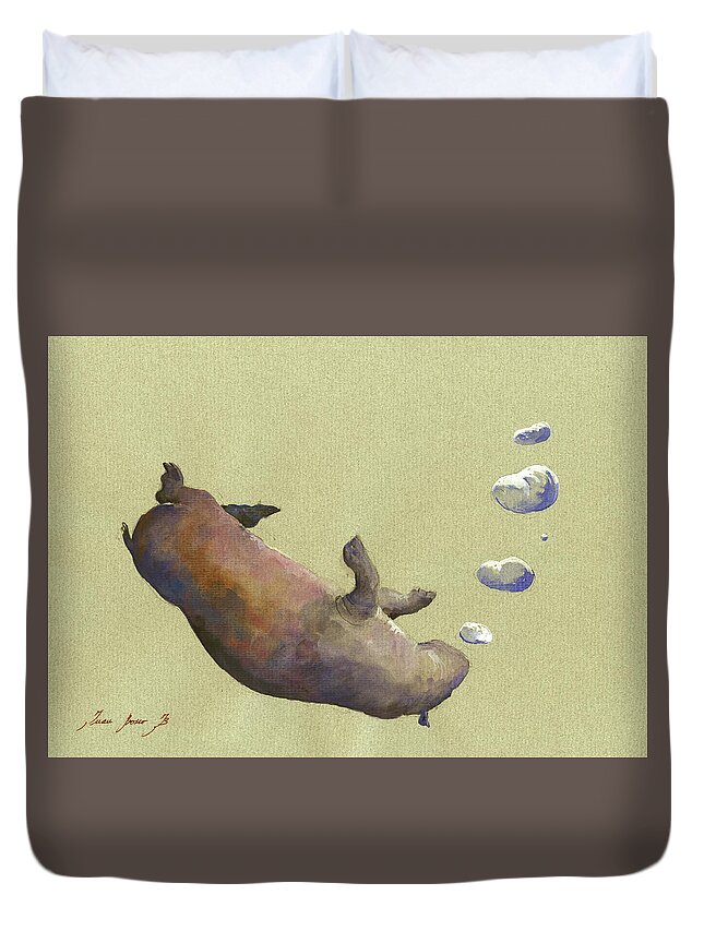 Hippo Duvet Cover featuring the painting Swimming hippo with bubbles by Juan Bosco
