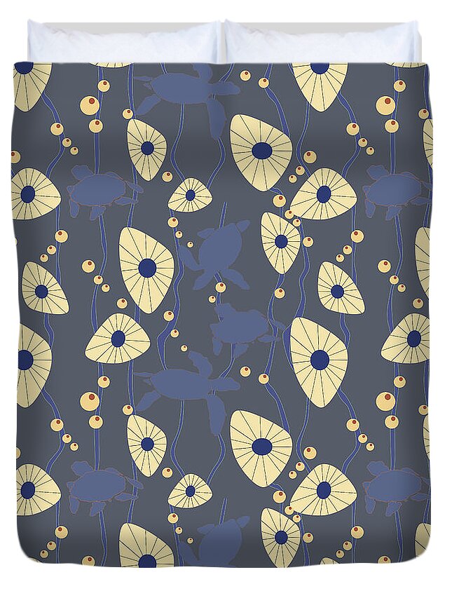 Blue Duvet Cover featuring the digital art Swimming Turtles blue by April Burton