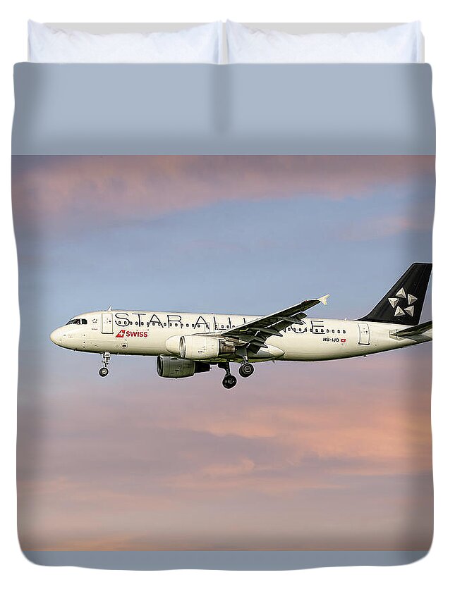 Swiss Duvet Cover featuring the mixed media Swiss Star Alliance Livery Airbus A320-214 2 by Smart Aviation