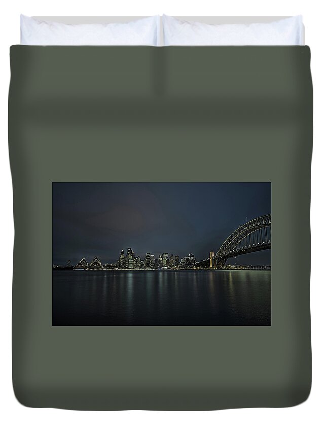 Australia Duvet Cover featuring the photograph Sydney downtown with Opera House and Harbour Bridge at night by Miroslav Liska